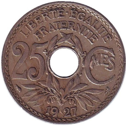 Монета 25 сантимов. 1927 год, Франция.