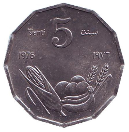 Монета 5 центов. 1976 год, Сомали. ФАО. Фрукты, злаки, кукуруза.