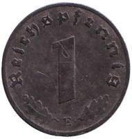Монета 1 рейхспфенниг. 1943 год (E), Третий Рейх (Германия).