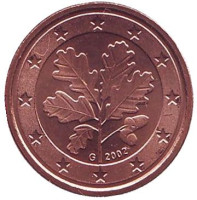 Монета 1 цент. 2002 год (G), Германия.