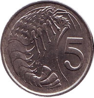 Розово-пятнистая креветка. Монета 5 центов. 1990 год, Каймановы острова.