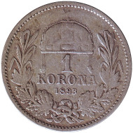 Монета 1 крона. 1893 год, Австро-Венгерская империя. Венгерский тип. Монета 1 крона. 1893 год, Австро-Венгерская империя. Венгерский тип.