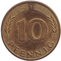 Дубовые листья. Монета 10 пфеннигов. 1986 год (F), ФРГ.