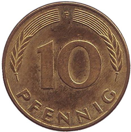 Монета 10 пфеннигов. 1986 год (F), ФРГ. Дубовые листья.