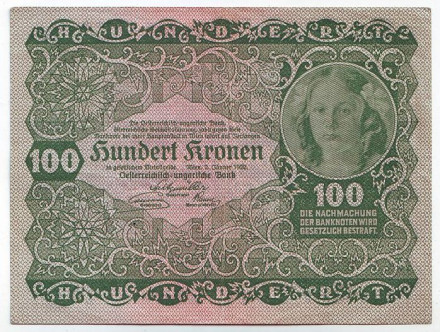 Банкнота 100 крон. 1922 год, Австрия. Из обращения. Принцесса Рохан.