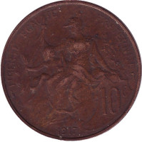 Монета 10 сантимов. 1917 год, Франция. (Старый тип: Без отверстия в центре)