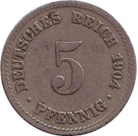Монета 5 пфеннигов. 1904 год (А), Германская империя.