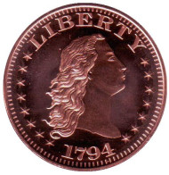 Доллар 1794 года. Монетовидный жетон. Унция меди 999, США. Доллар 1794 года. Монетовидный жетон. Унция меди 999, США.