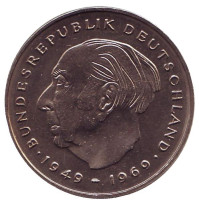 Теодор Хойс. Монета 2 марки. 1978 год (D), ФРГ. UNC.