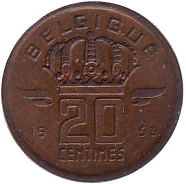 Монета 20 сантимов. 1953 год, Бельгия. (Belgique)