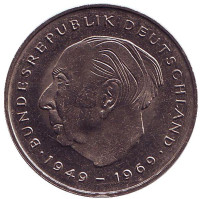 Теодор Хойс. Монета 2 марки. 1982 год (F), ФРГ. UNC.