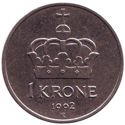 Монета 1 крона. 1992 год, Норвегия. Корона.