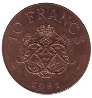 Монета 10 франков. 1981 год, Монако. Князь Монако Ренье III. Монета 10 франков. 1981 год, Монако. Князь Монако Ренье III.