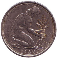 Женщина, сажающая дуб. Монета 50 пфеннигов. 1980 год (J), ФРГ. Из обращения.