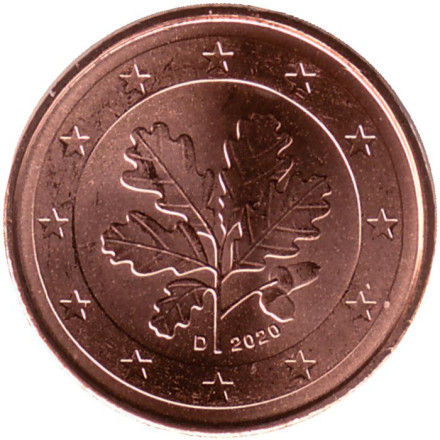 Монета 1 цент (D). 2020 год, Германия.