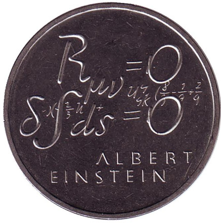 Монета 5 франков. 1979 год, Швейцария. 100 лет со дня рождения Альберта Эйнштейна. Формула.