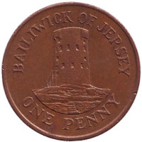 Башня в Ле-Хок. Монета 1 пенни. 1989 год, Джерси.