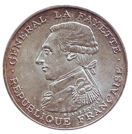 Монета 100 франков. 1987 год, Франция. 230 лет со дня рождения Жильбера Ла Файета.