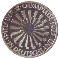 Эмблема олимпиады. Мюнхен-1972. Монета 10 марок, 1972 год (J), ФРГ. Proof. 