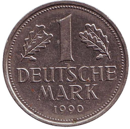 Монета 1 марка. 1990 год (G), ФРГ. Из обращения.