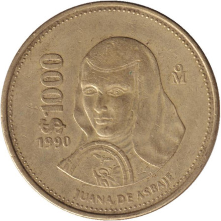 Монета 1000 песо. 1990 год, Мексика. Сестра Хуана Инес де ла Крус.