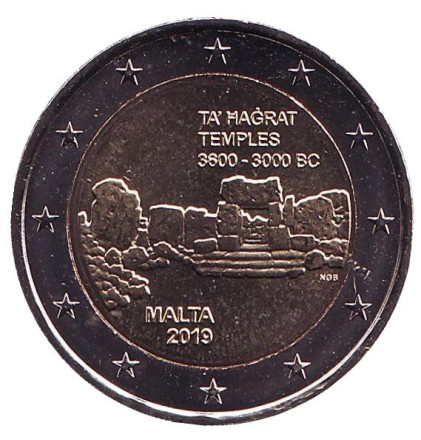 Монета 2 евро. 2019 год, Мальта. Храм Та’ Хаджрат. "Доисторические места Мальты".