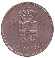 Монета 1 крона. 1985 год, Дания. Монета 1 крона. 1985 год, Дания.