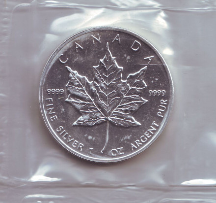 Монета 5 долларов. 1991 год, Канада. (в запайке) Кленовый лист.