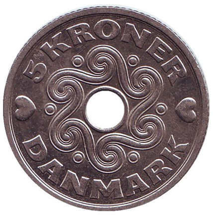 Монета 5 крон. 2002 год, Дания.