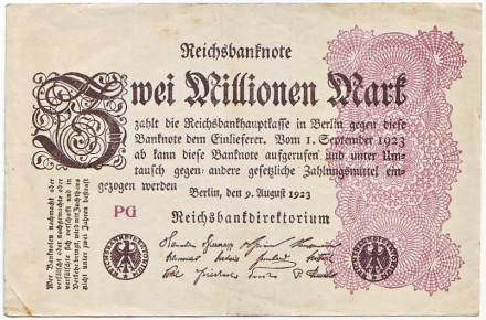 Рейхсбанкнота 2 миллиона марок. 1923 год, Веймарская республика.