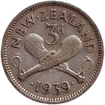 Монета 3 пенса. 1939 год, Новая Зеландия. Скрещенные вахаики.