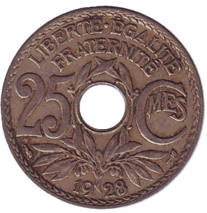 Монета 25 сантимов. 1928 год, Франция.