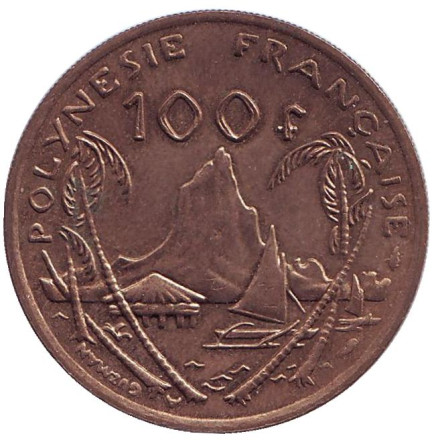 Монета 100 франков. 1991 год, Французская Полинезия. Скалистый остров Муреа.