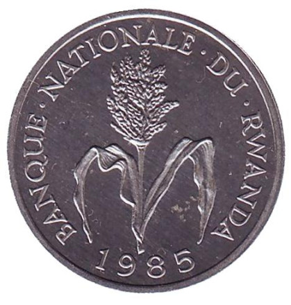 Монета 1 франк. 1985 год, Руанда. Цветущий стебель проса.