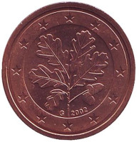 Монета 2 цента. 2002 год (G), Германия.