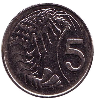 Монета 5 центов. 1992 год, Каймановы острова. Розово-пятнистая креветка.