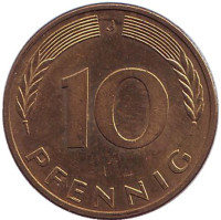 Дубовые листья. Монета 10 пфеннигов. 1986 год (J), ФРГ.