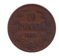 Монета 10 пенни. 1865 год, Финляндия в составе Российской Империи. Монета 10 пенни. 1865 год, Финляндия в составе Российской Империи.