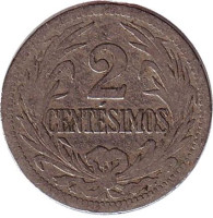 Монета 2 сентесимо. 1909 год, Уругвай.