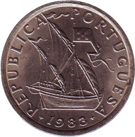 Парусный корабль. Монета 5 эскудо. 1983 год, Португалия.