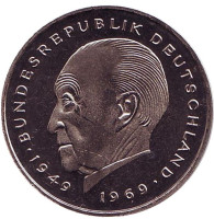 Конрад Аденауэр. Монета 2 марки. 1982 год (F), ФРГ. UNC.