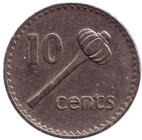 Метательная дубинка - ула тава тава. Монета 10 центов. 1982 год, Фиджи.