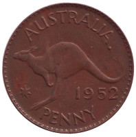 Кенгуру. Монета 1 пенни. 1952 год, Австралия. (Точка после "AUSTRALIA")