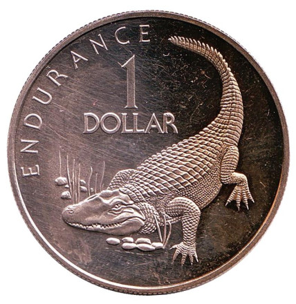Монета 1 доллар. 1977 год, Гайана. Крокодил.