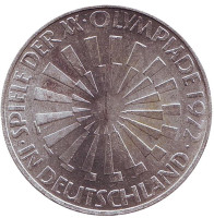 Эмблема олимпиады. Мюнхен-1972. Эмблема "In Deutschland". Монета 10 марок, 1972 год (D), ФРГ.