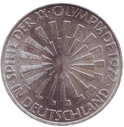 Монета 10 марок, 1972 год (D), ФРГ. Эмблема олимпиады. Мюнхен-1972. Эмблема "In Deutschland".