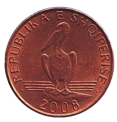 Монета 1 лек. 2008 год, Албания. Из обращения. Пеликан.