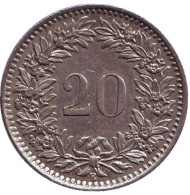 Монета 20 раппенов. 1961 год, Швейцария. Монета 20 раппенов. 1961 год, Швейцария.