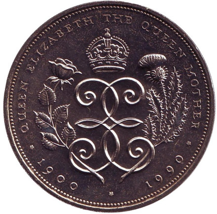 Монета 5 фунтов. 1990 год, Великобритания. 90 лет со дня рождения Королевы-матери.
