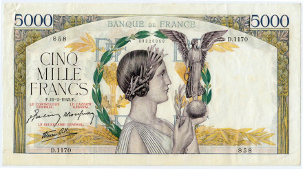 Банкнота 5000 франков. 1943 год, Франция.